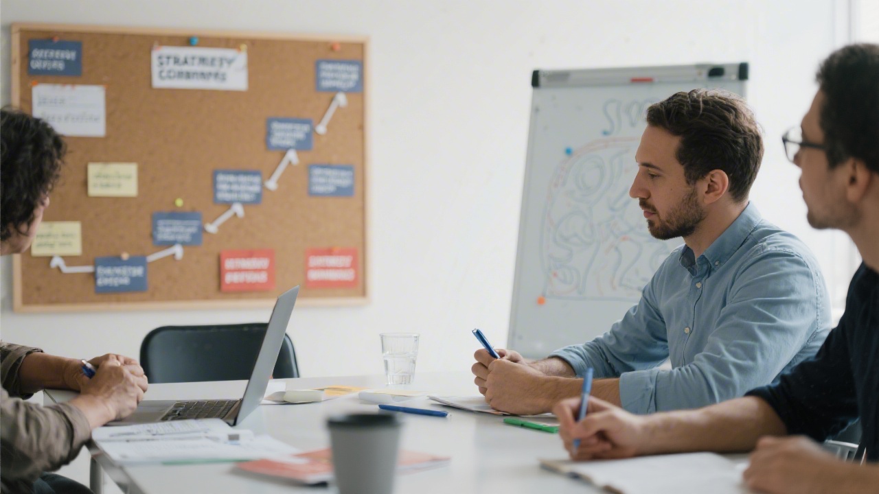 Entrepreneur taking notes during a workshop while a strategy board outlines campaign steps, showcasing a teaching environment based on clarity and practical learning.