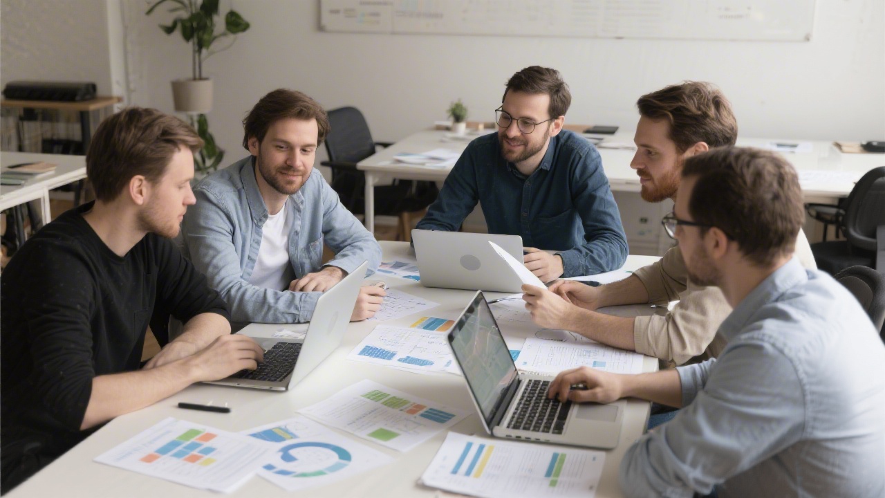 Small group workshop with founders reviewing digital marketing worksheets and laptops, showing a collaborative learning environment focused on applied strategy and execution.