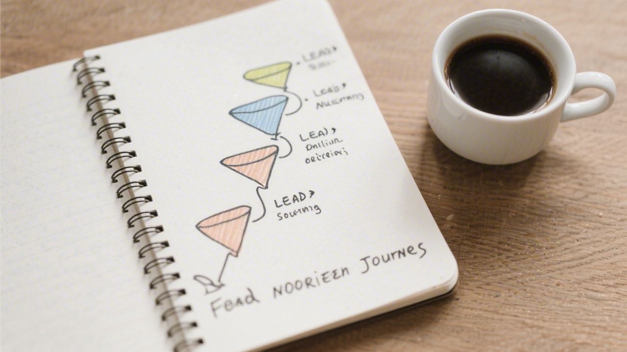 Notebook with hand-drawn funnel stages and lead nurturing steps beside a coffee cup, showing a foundational learning path for online customer journeys.