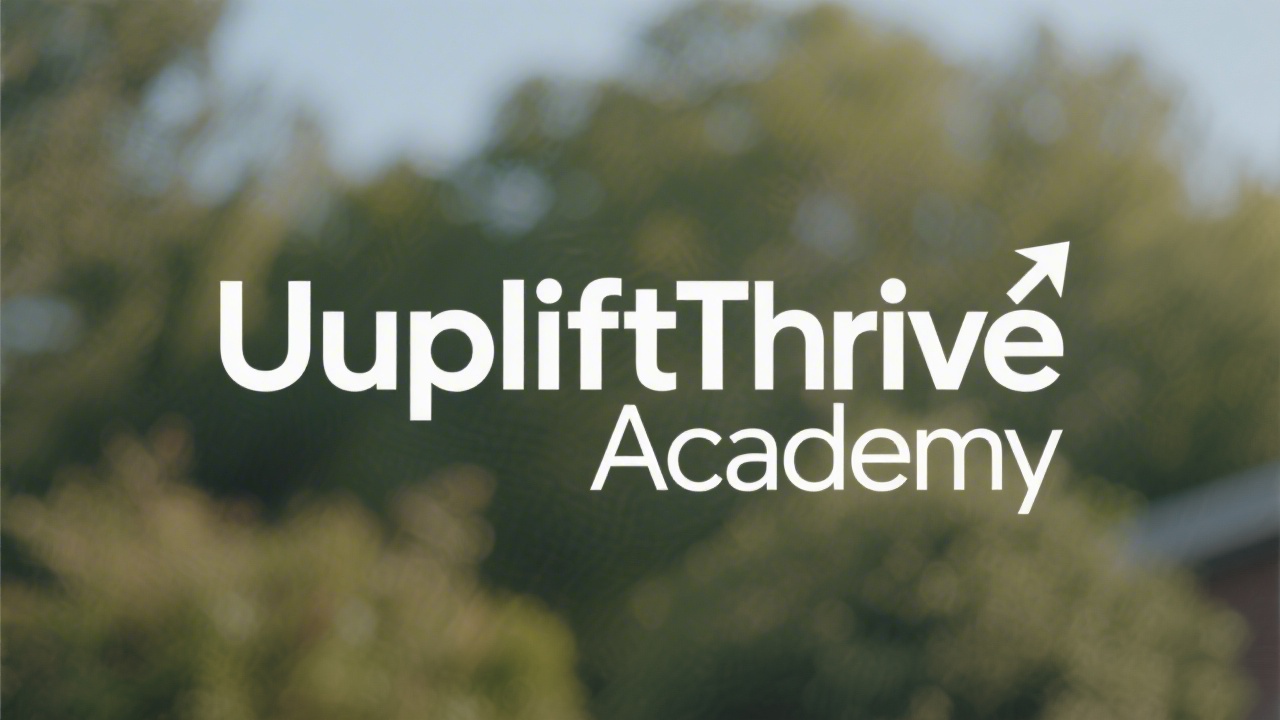 Minimal wordmark logo reading UpliftThrive Academy in clean sans serif lettering with a small upward arrow accent, designed for a simple modern education brand.