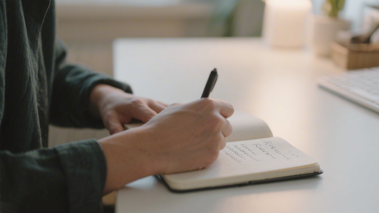 Person writing reflection notes in a journal with a calm workspace and soft lighting, symbolizing mindset development and structured personal growth planning.