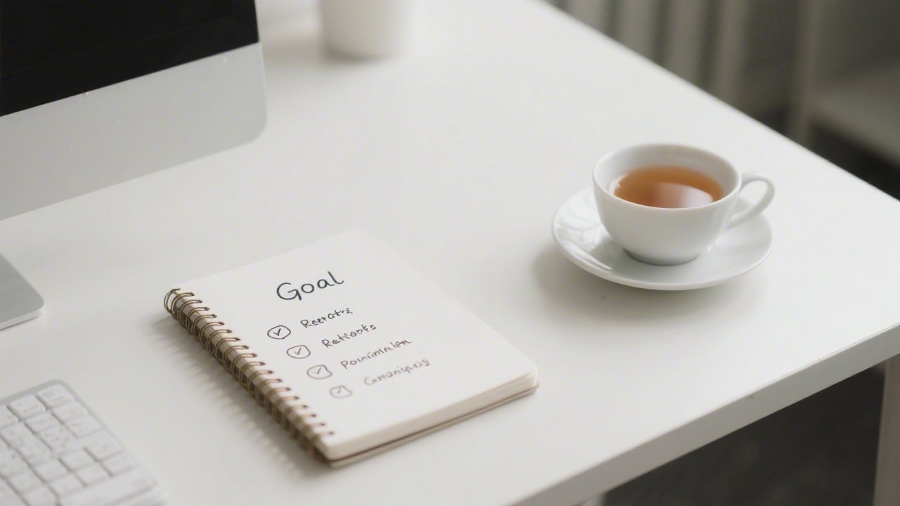 Notebook with goal-setting prompts and a cup of tea on a clean desk, representing the reflective personal growth aspect of the service model.